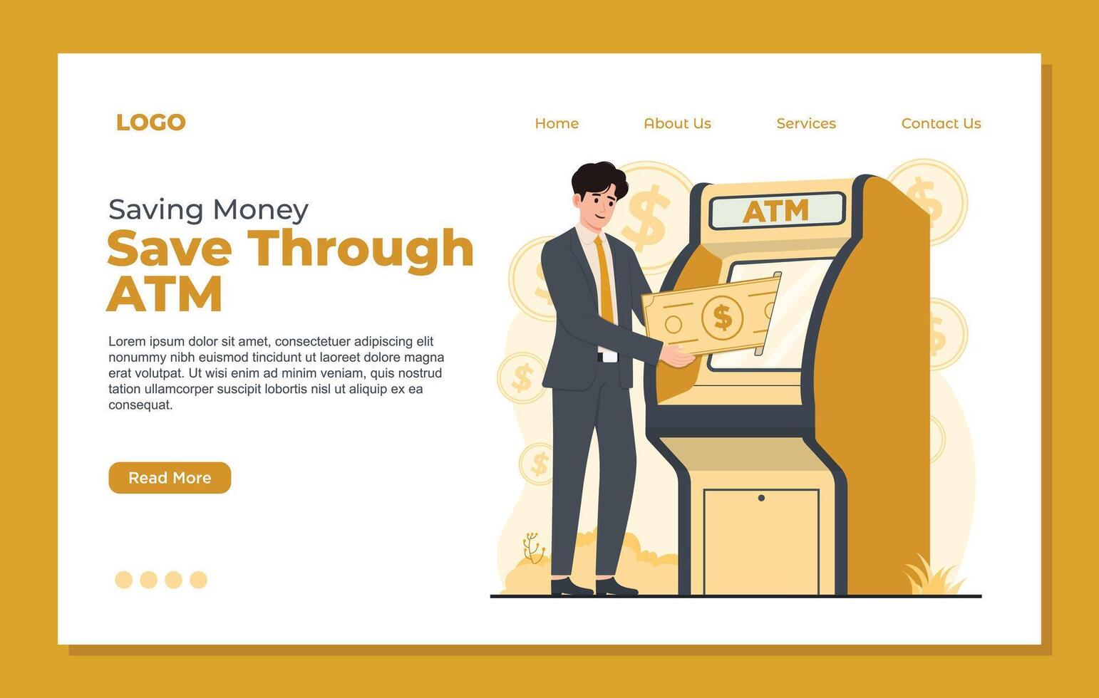 Landing page template for saving money for cash withdrawal. Flat style illustration. vector