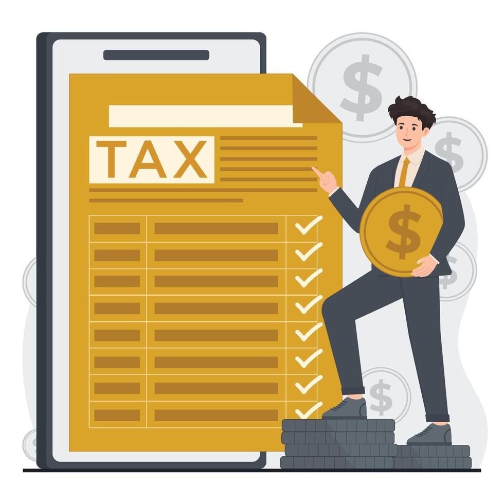 Businessman in suit with dollar coin and tax form. illustration vector
