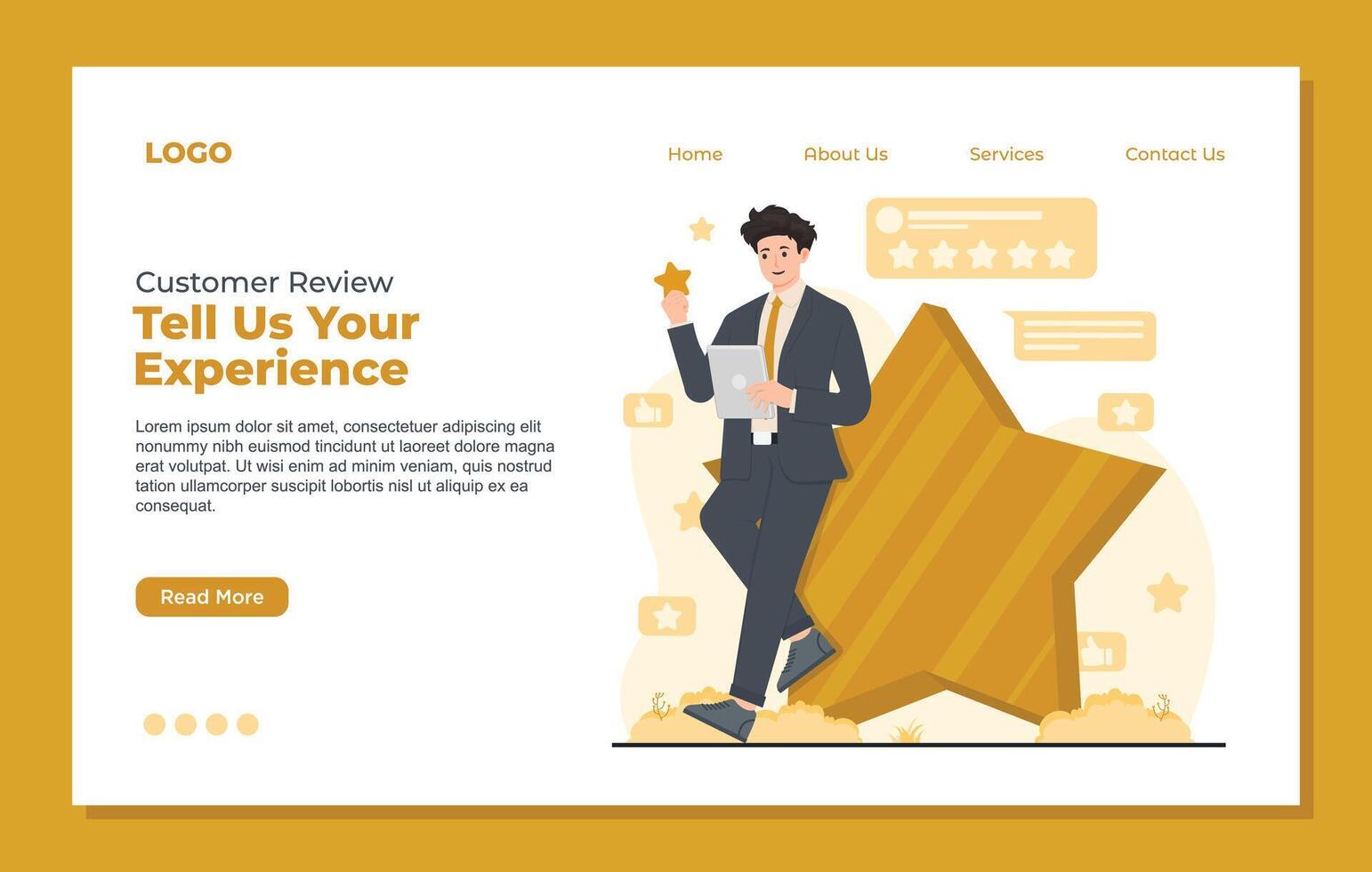 Landing page template designed for customer reviews, showcasing feedback and enhancing trust in businesses vector