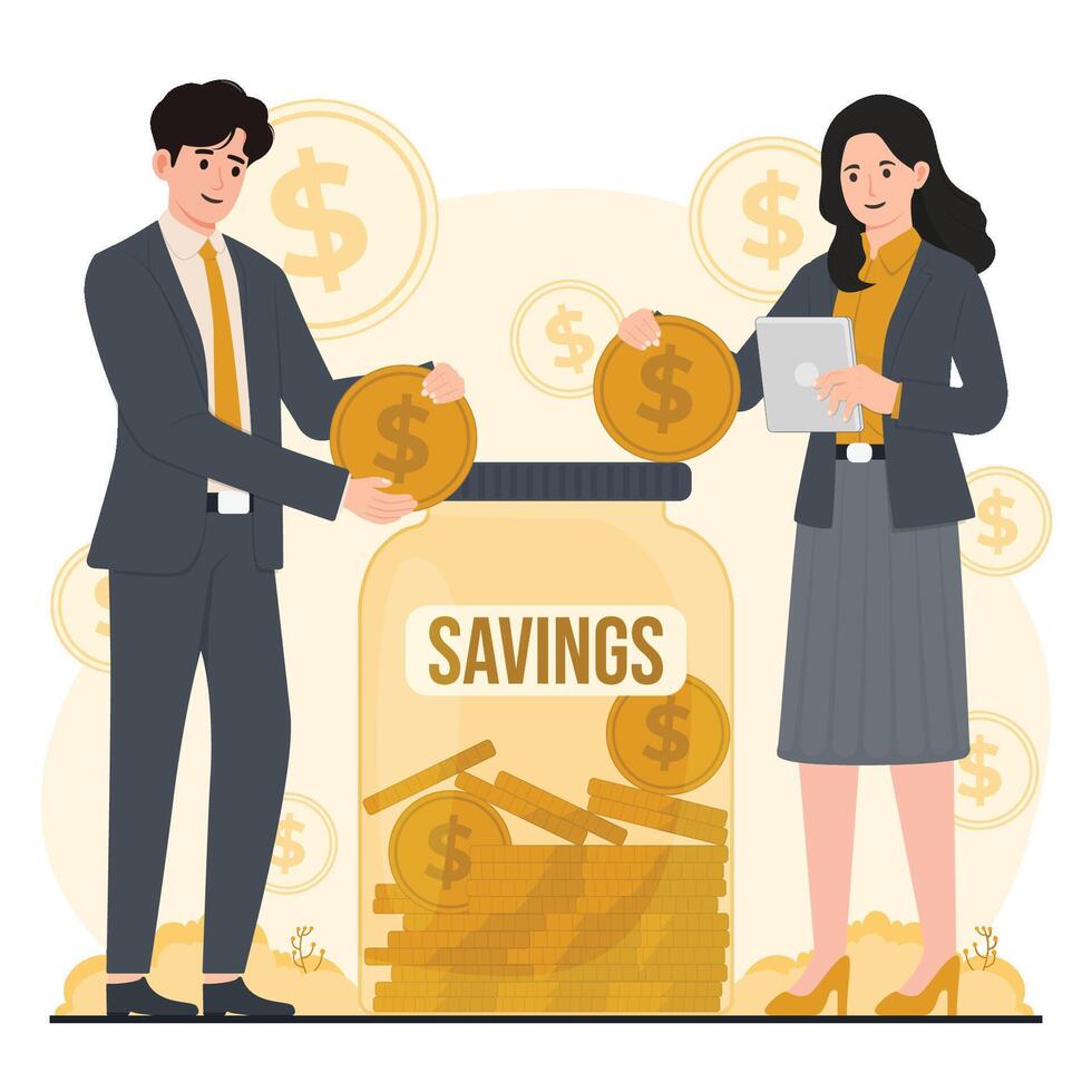 saving money illustration of a man and a woman in business suits with money. vector