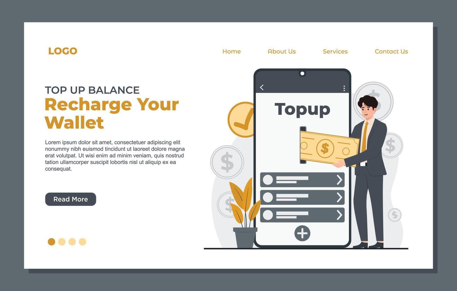 top up balance landing page template for online banking, money transfer. Flat style illustration. vector