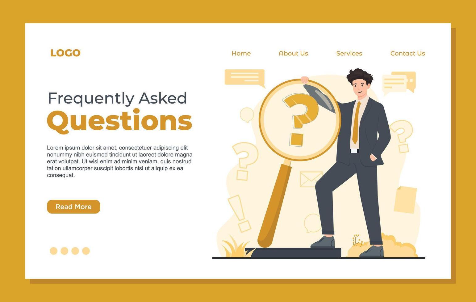 frecuentemente preguntó preguntas aterrizaje página modelo. empresario con lupa y pregunta marca. ilustración vector