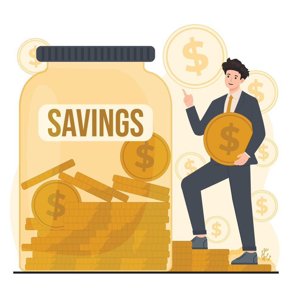 Savings concept illustration in flat style. Man with gold coins and jar of savings. vector