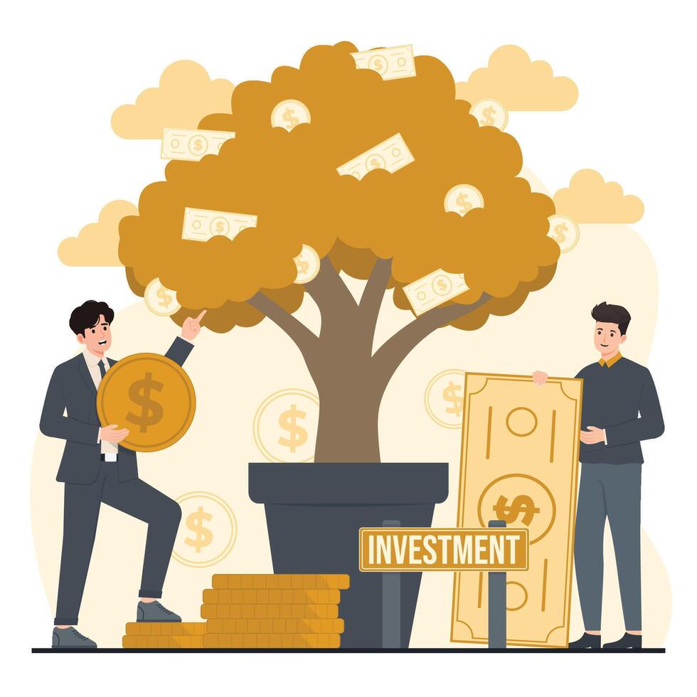 Investment concept illustration in flat style. Businessman with money tree. vector