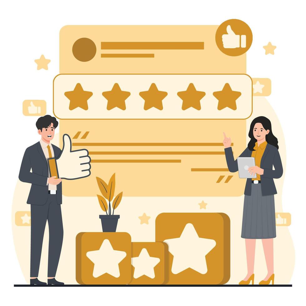 Customer reviews concept. illustration in flat cartoon style. User experience, rating, feedback, evaluation, feedback, customer experience. vector