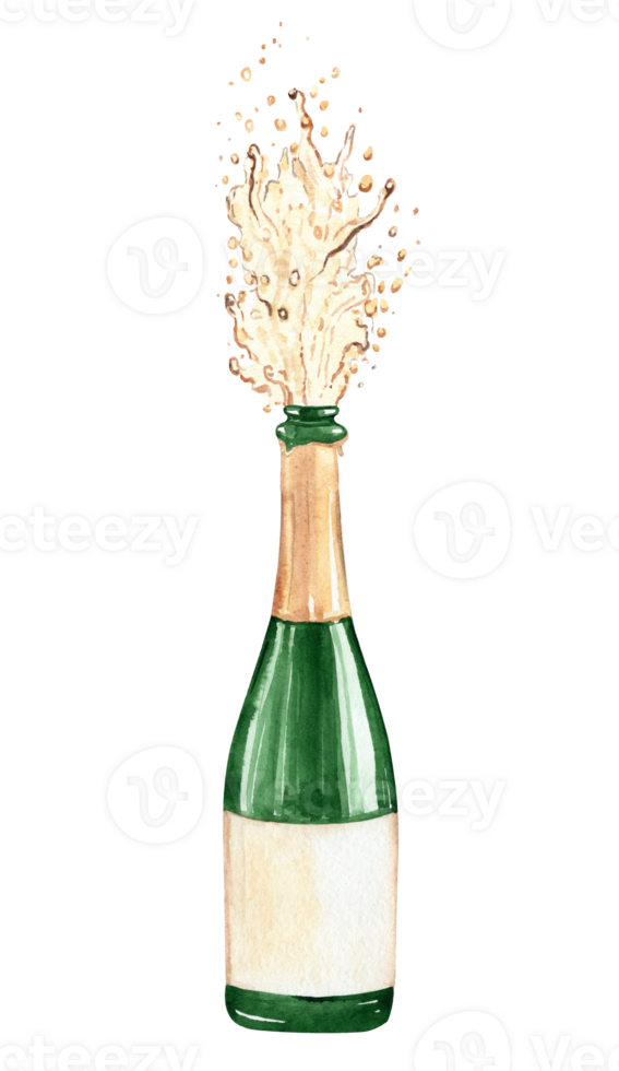 Watercolor splashing champagne bottle isolated png