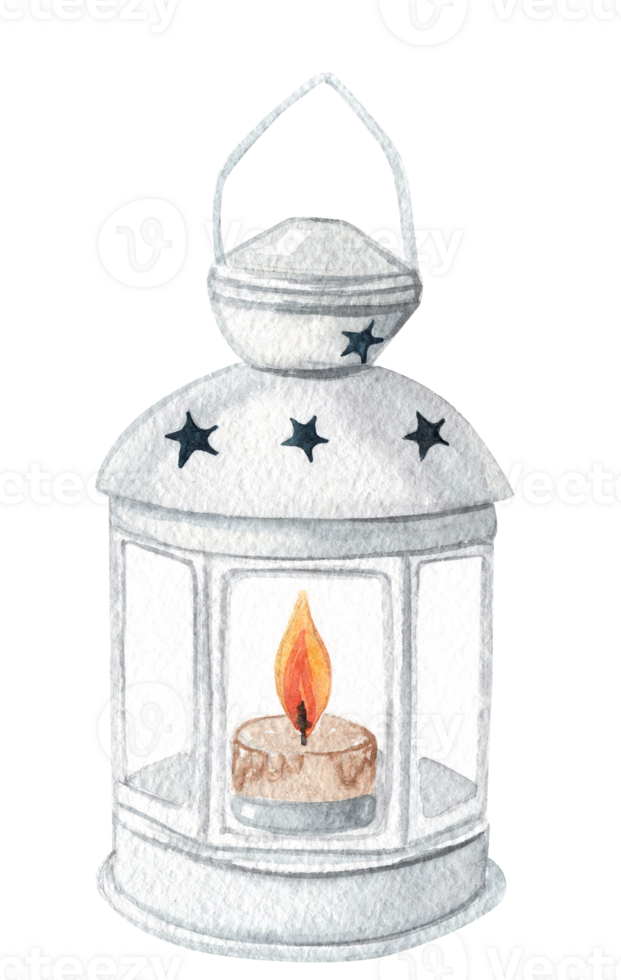 watercolor white lantern with burning candle isolated png