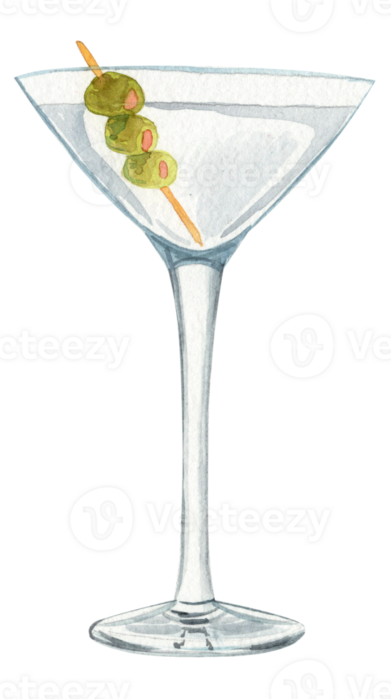 watercolor hand drawn martini cocktail with green olives isolated png