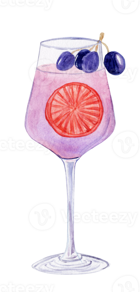 watercolor hand drawn purple wine cocktail with grape berries isolated png