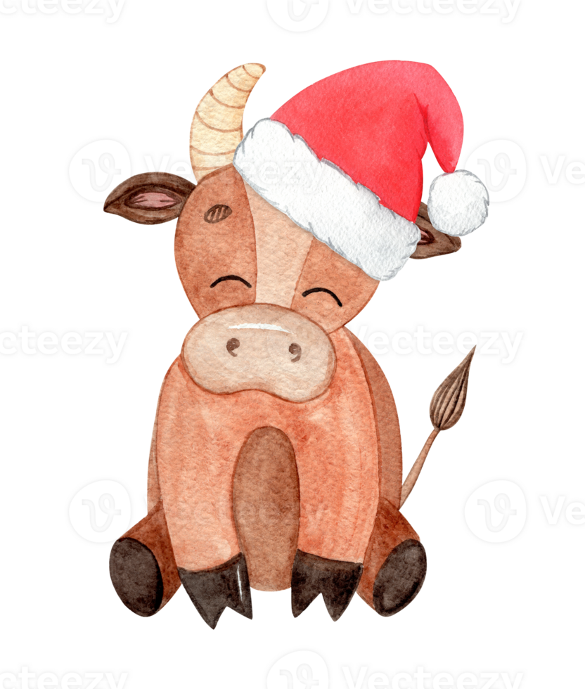 watercolor happy brown bull in santa hat sitting isolated png