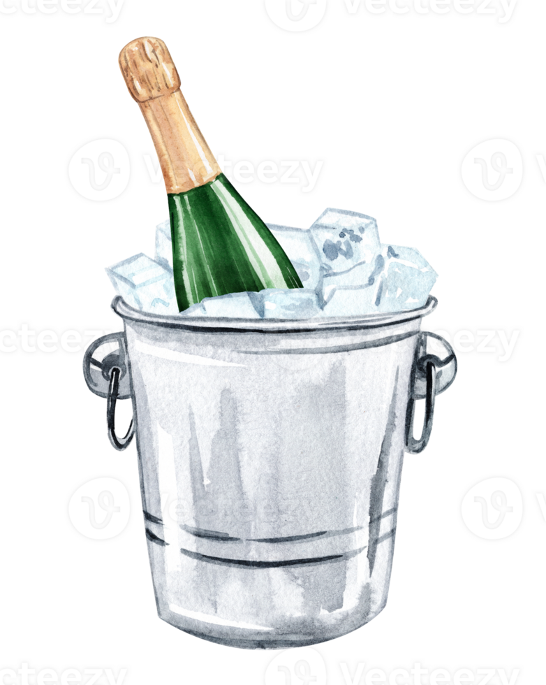 Watercolor bottle in ice bucket isolated png