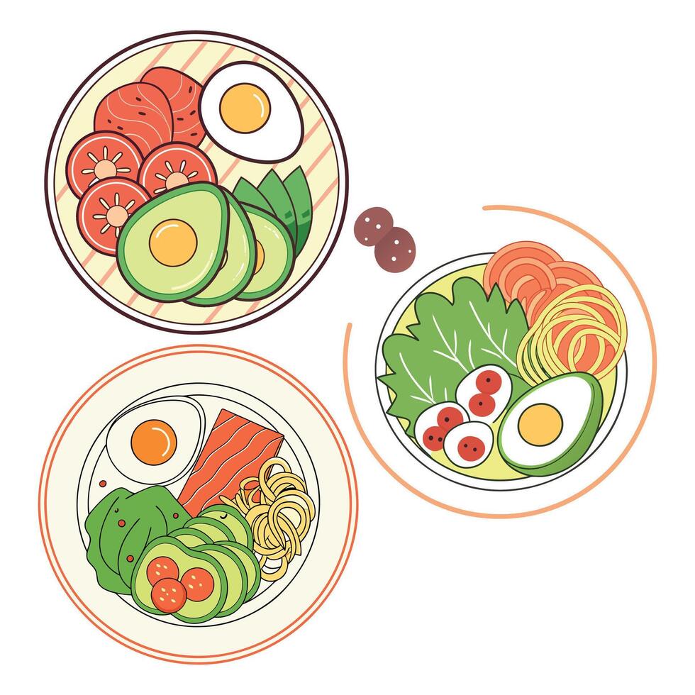 Top view of hand drawn food dish collection vector