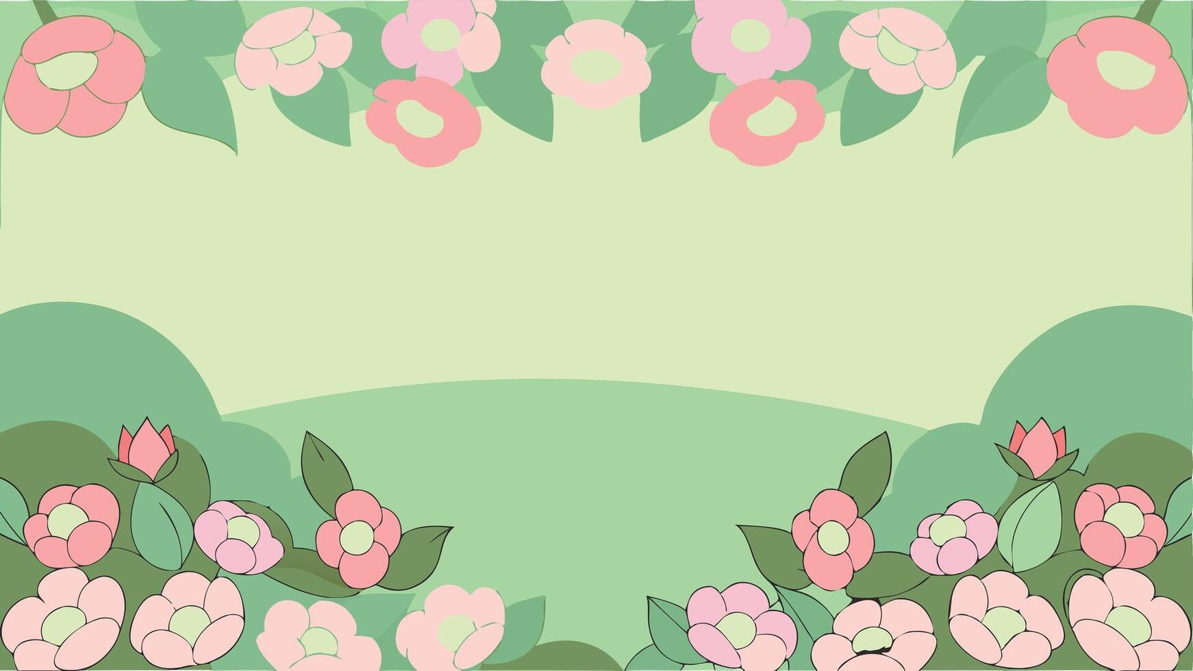 A cartoon floral border with pink flowers and green flowers vector