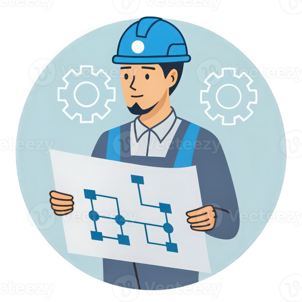 A man in a hard hat holding a blueprint png