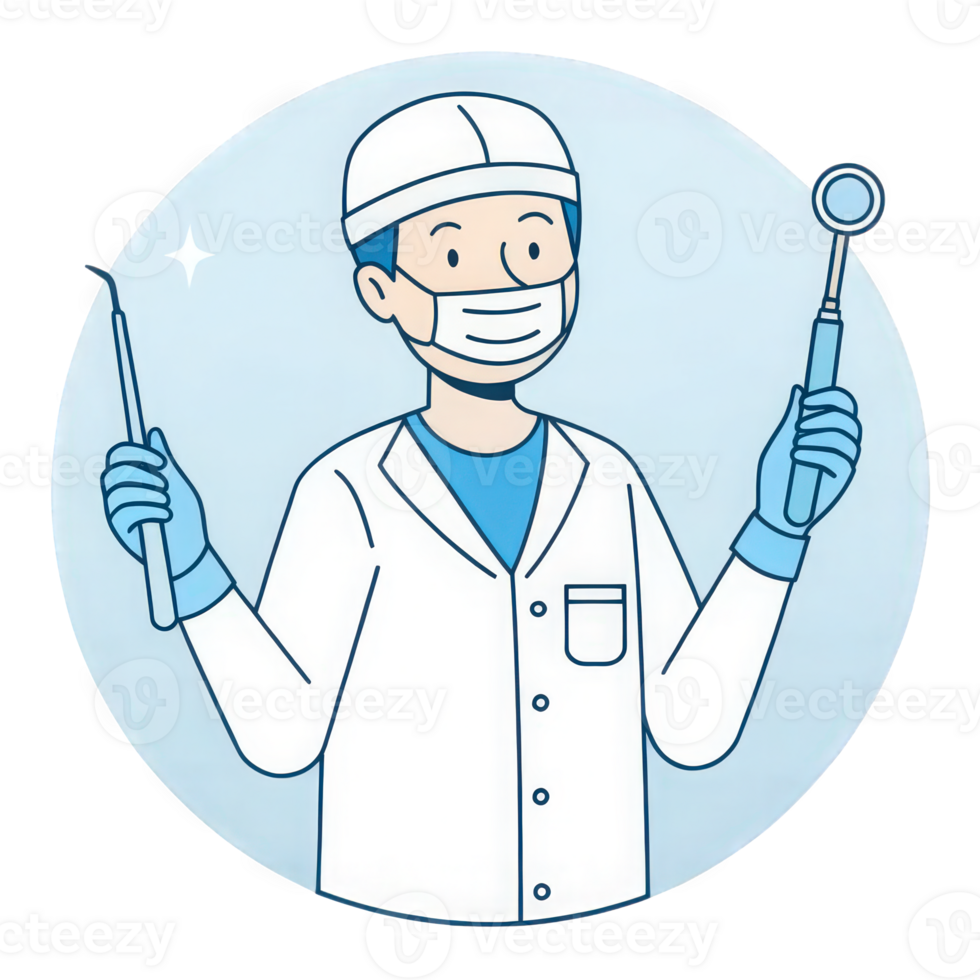A cartoon man in a lab coat holding a toothbrush and a pair of gloves png