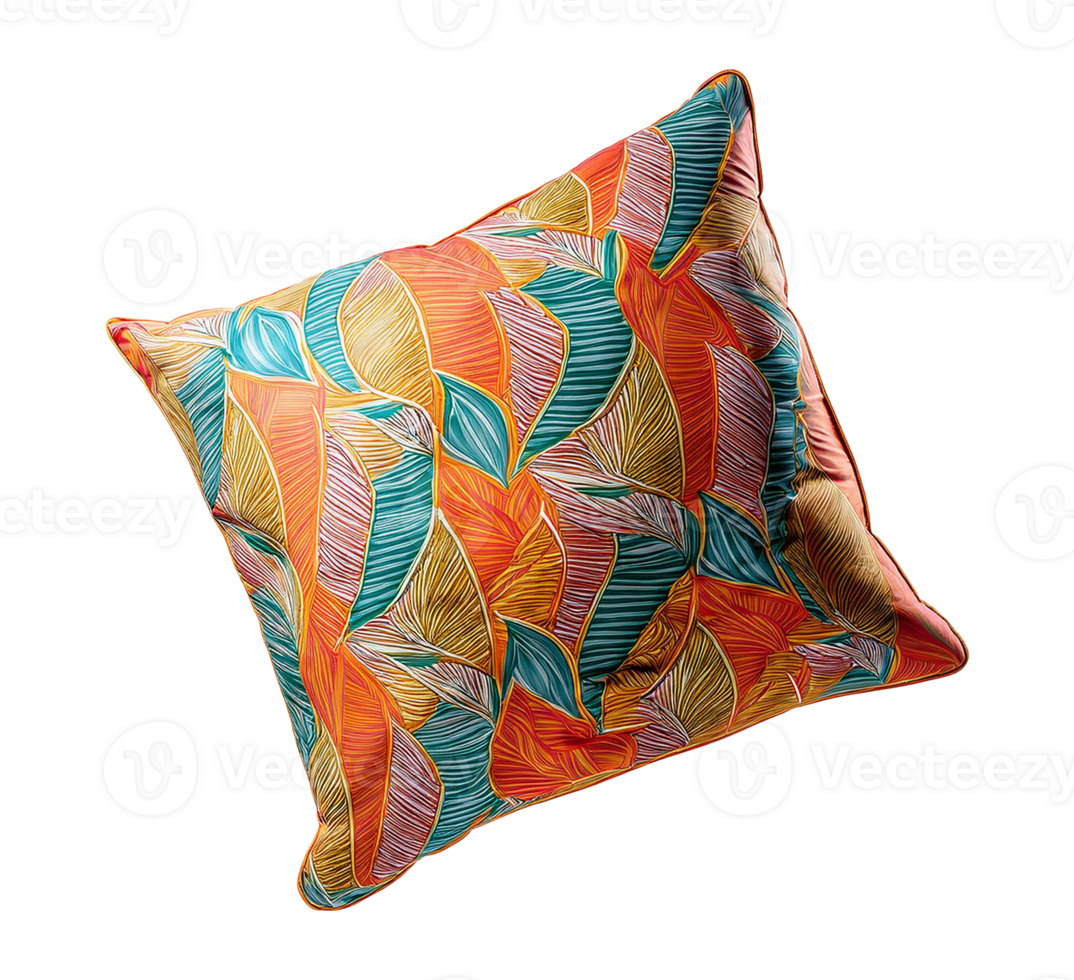 A colorful cushion with a pattern of leaves png
