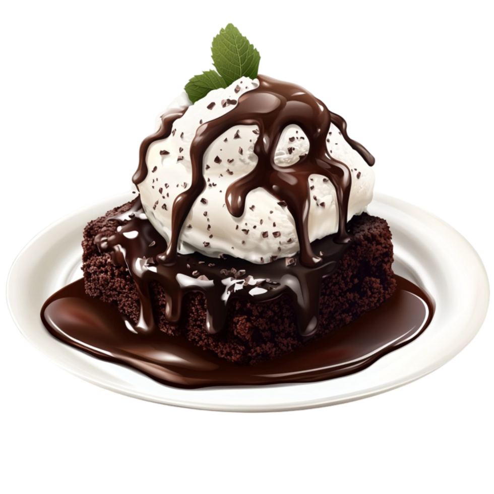 A chocolate brownie with whipped cream and chocolate sauce png