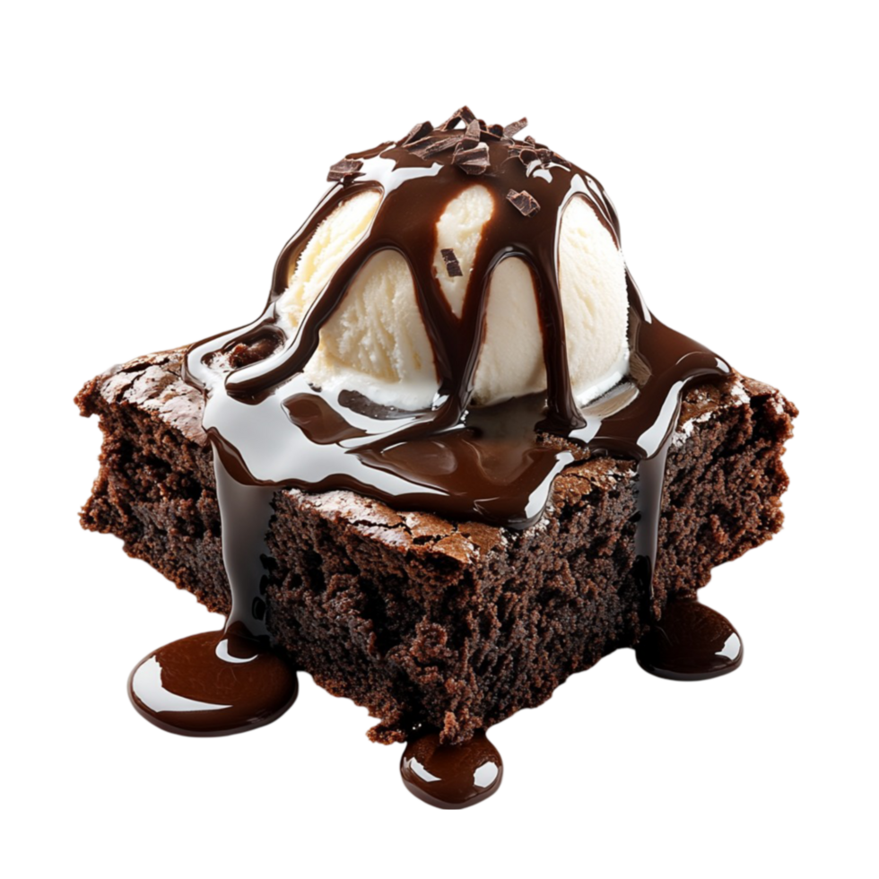A brownie with ice cream and chocolate sauce png