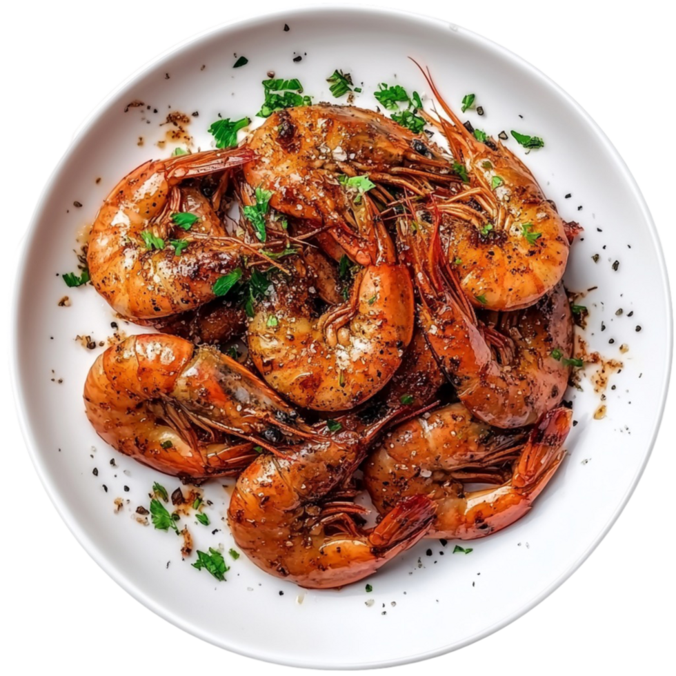 A plate of cooked shrimp with herbs on top png