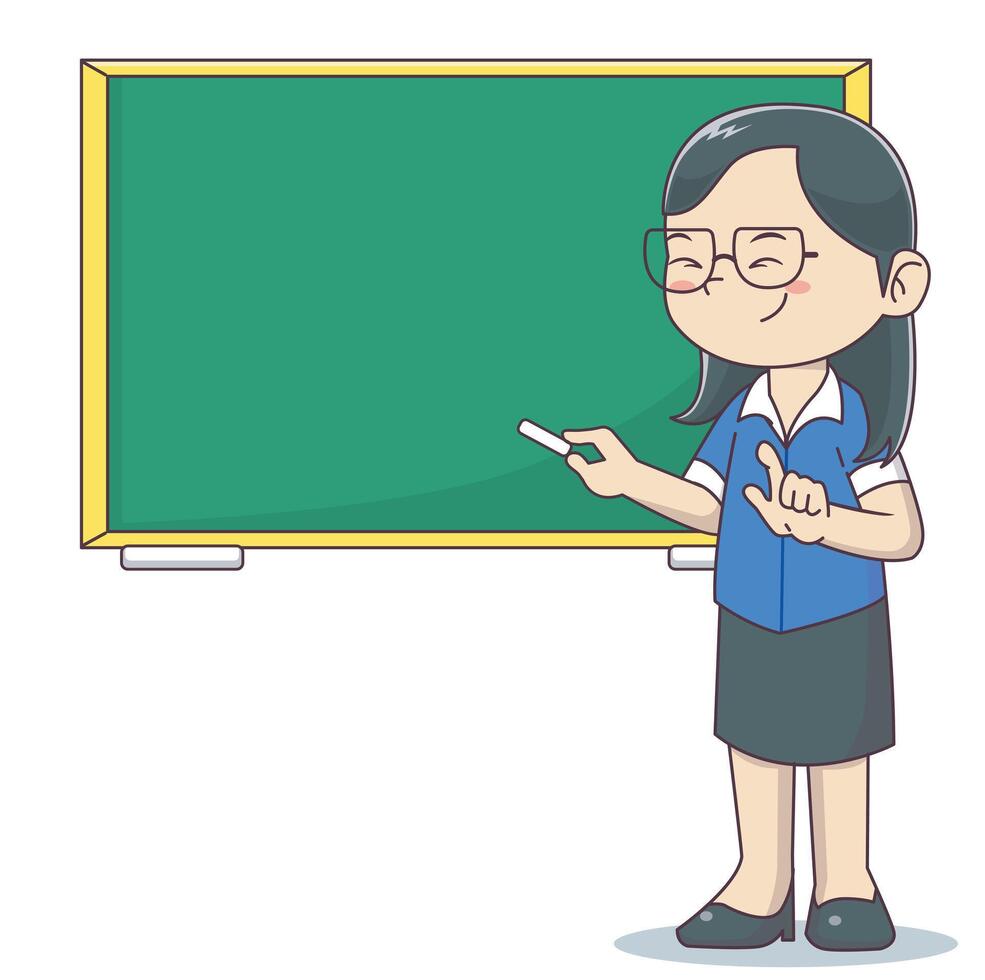 female teacher pointing empty blackboard with chalk. cute illustration character education vector