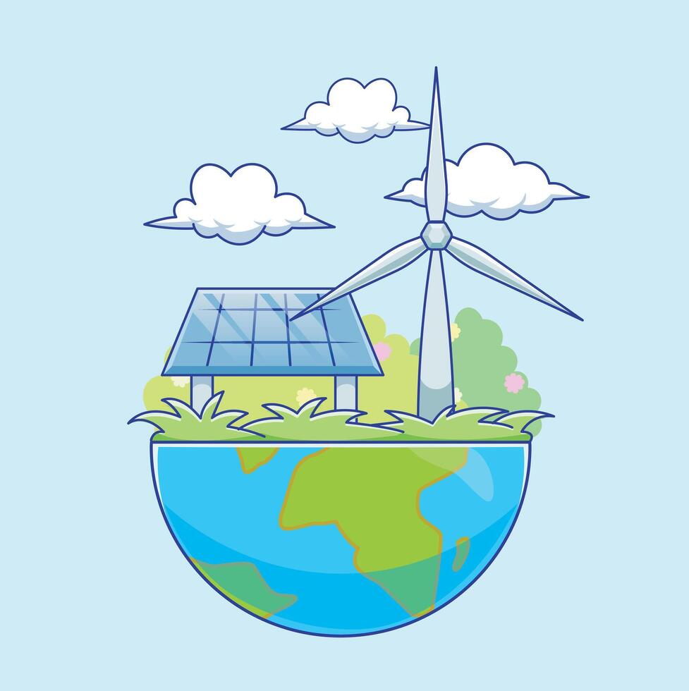 Solar Panel and windmill. Clean Green Renewable Energy Sources Concept vector