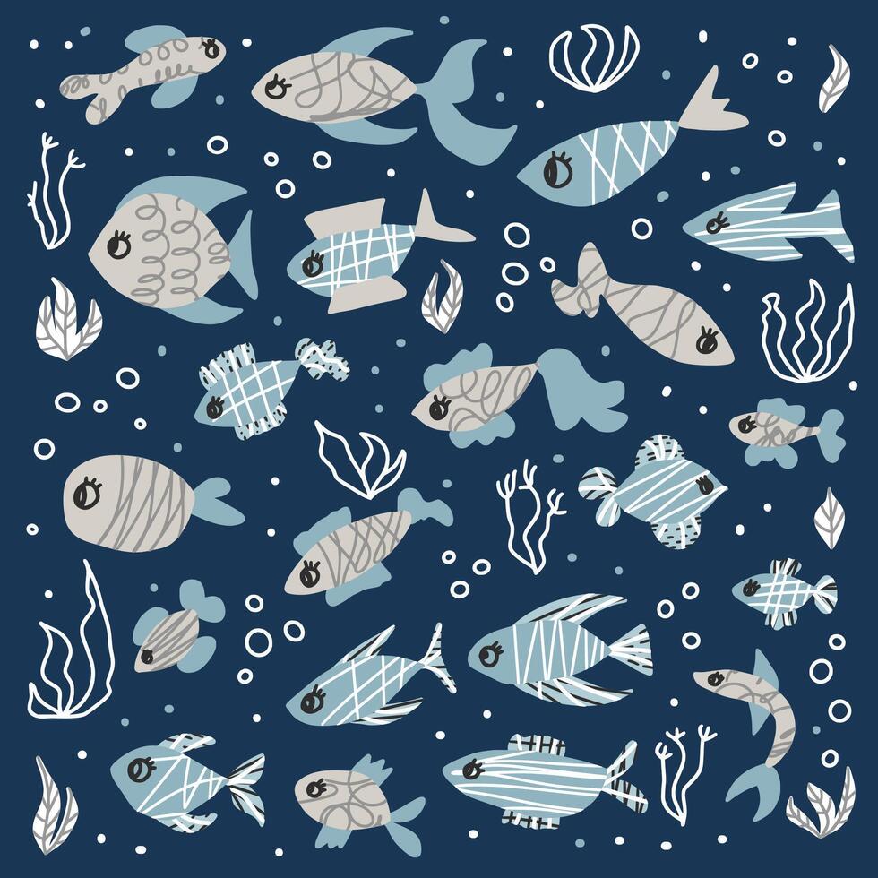 fish collection isolated in doodle style. vector