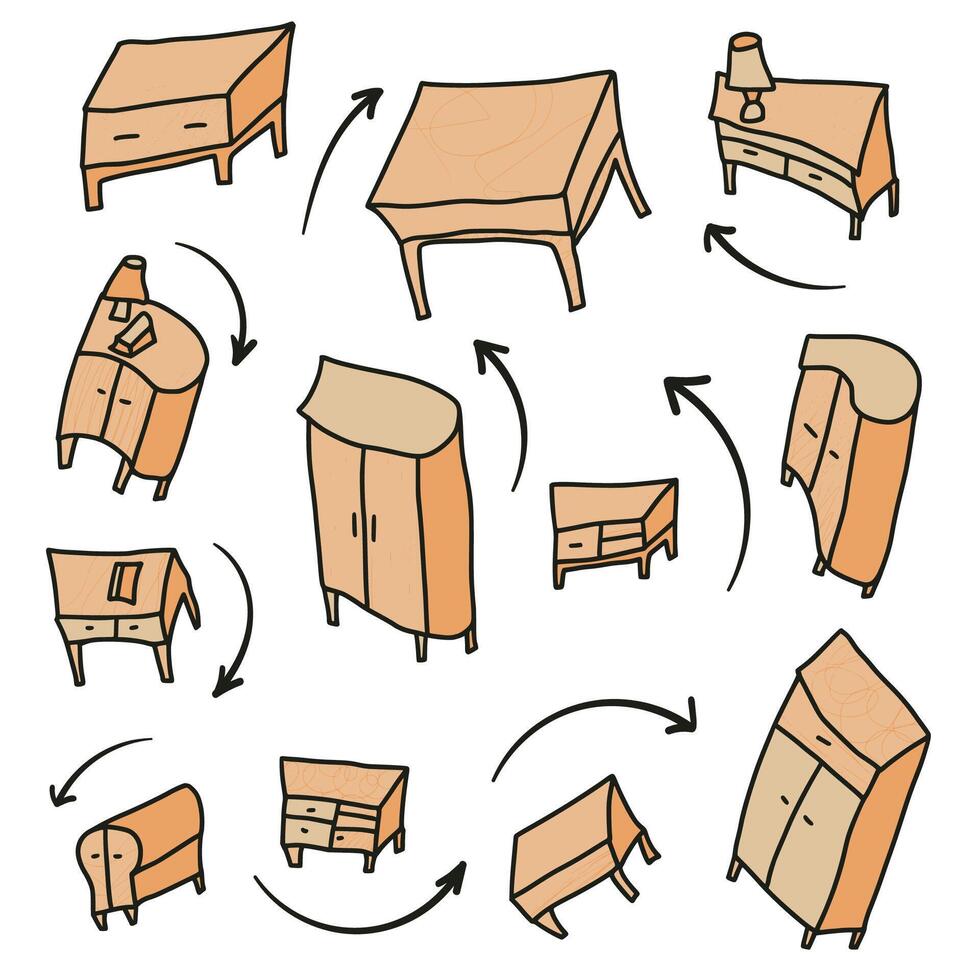 Furniture set disfiguredproportions doodle style vector