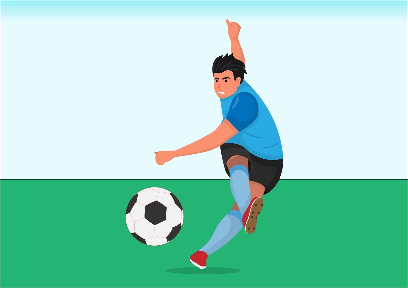 Male soccer player kicks the ball hard. Illustration vector