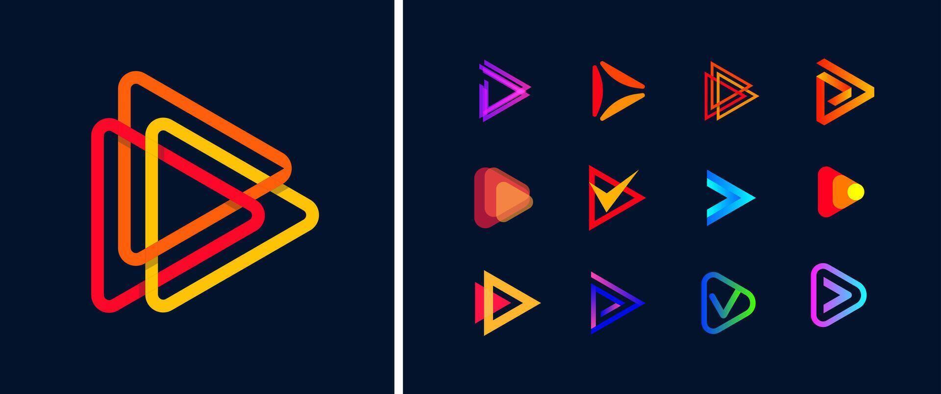 Collection of vibrant triangular logos with modern gradient designs symbolizing play, forward motion, or digital interaction. Ideal for branding, media, or tech platforms. illustration. vector