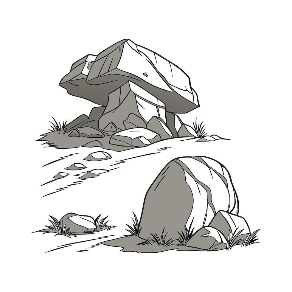 A drawing of a rock and a rock with grass vector