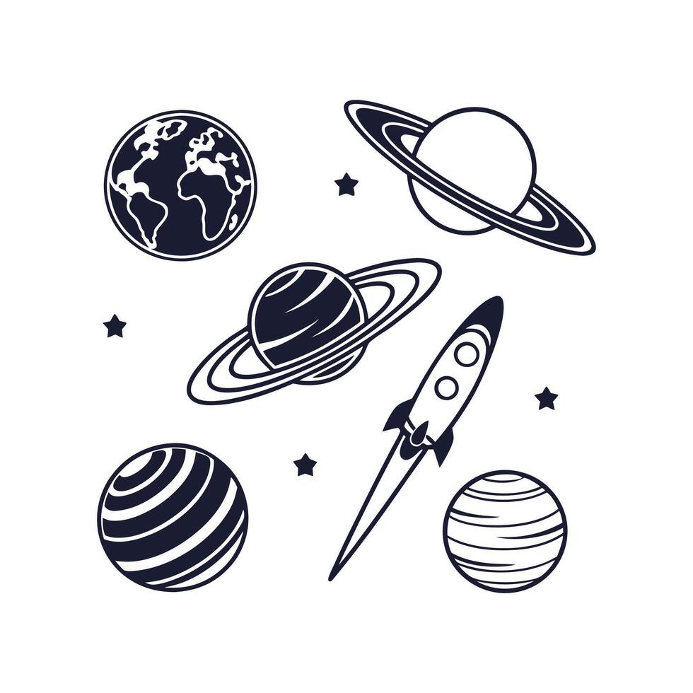 Set of planets and rockets in space vector