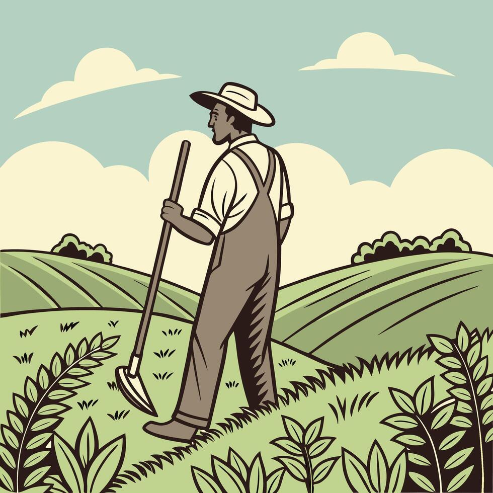 A farmer with a hoe in the field vector