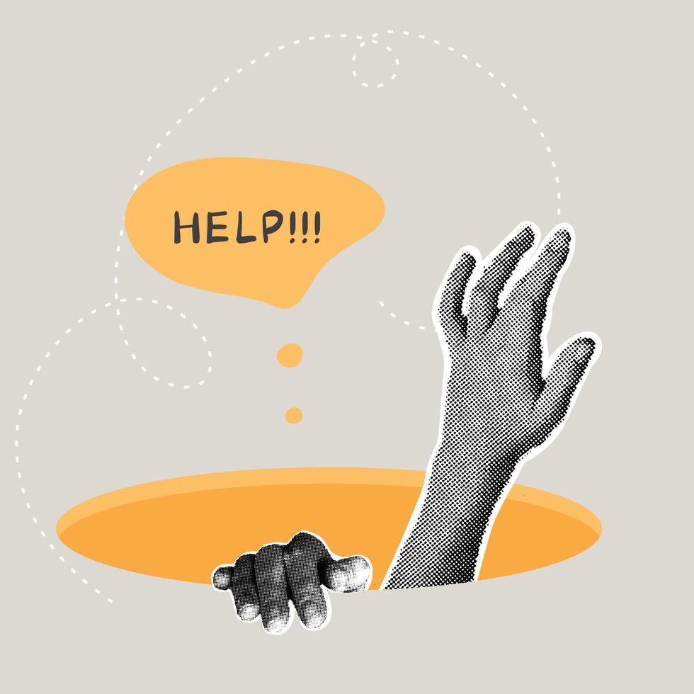 Fashionable halftone collage. Concept of asking for help, success, life stability, overcoming adversity. A hand asking for help, how to solve a problem. A trendy retro collage from the 90s vector