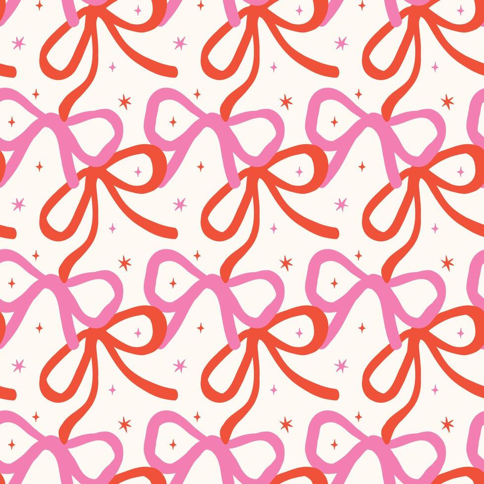 Retro Red and Pink Squiggle Bows Seamless Pattern Wavy Hand Drawn isolated on background vector