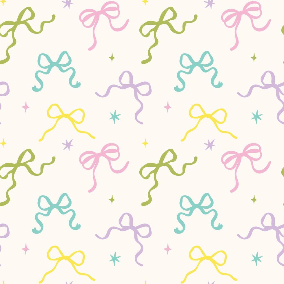 Retro Pastel Colorful Wavy Bows Seamless Pattern Hand Drawn isolated on backgroud vector