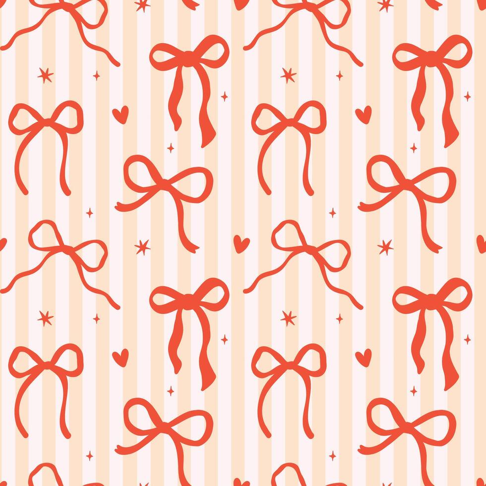 Retro Wavy Bows Seamless Pattern Whimsical Squiggle Hand Drawn on striped background isolated vector