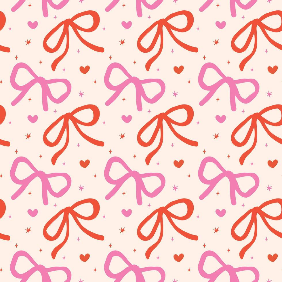 Retro Red and Pink Wavy Bows Seamless Pattern Hand Drawn isolated on backgroud vector
