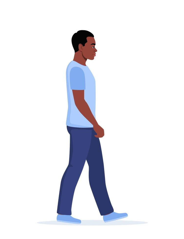 Young black man in casual clothes walking forward, side view. Illustration. vector