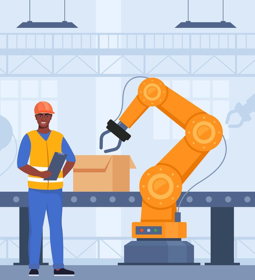 Automation production line with robot technologies. Black man Engineer in orange vest and protective helmet controls the process. Robotic arms collect goods in boxes. illustration. vector