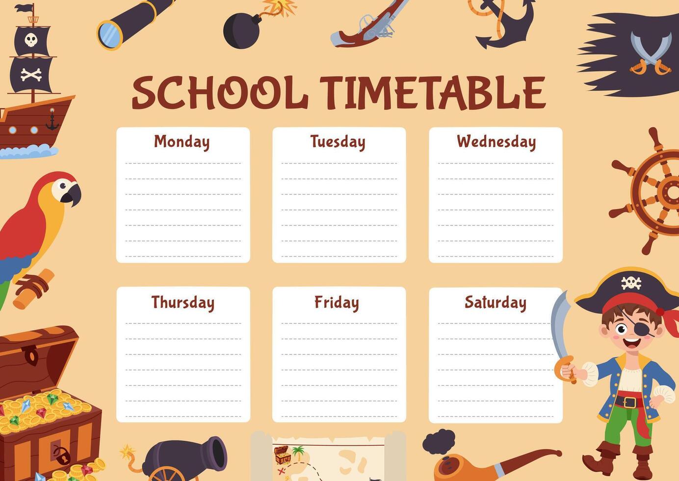 Pirate school timetable, lesson schedule. Timetable with pirate elements. vector