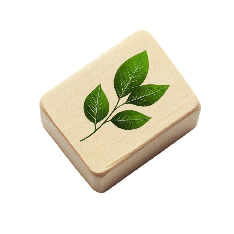 A wooden block with a green leaf on it png