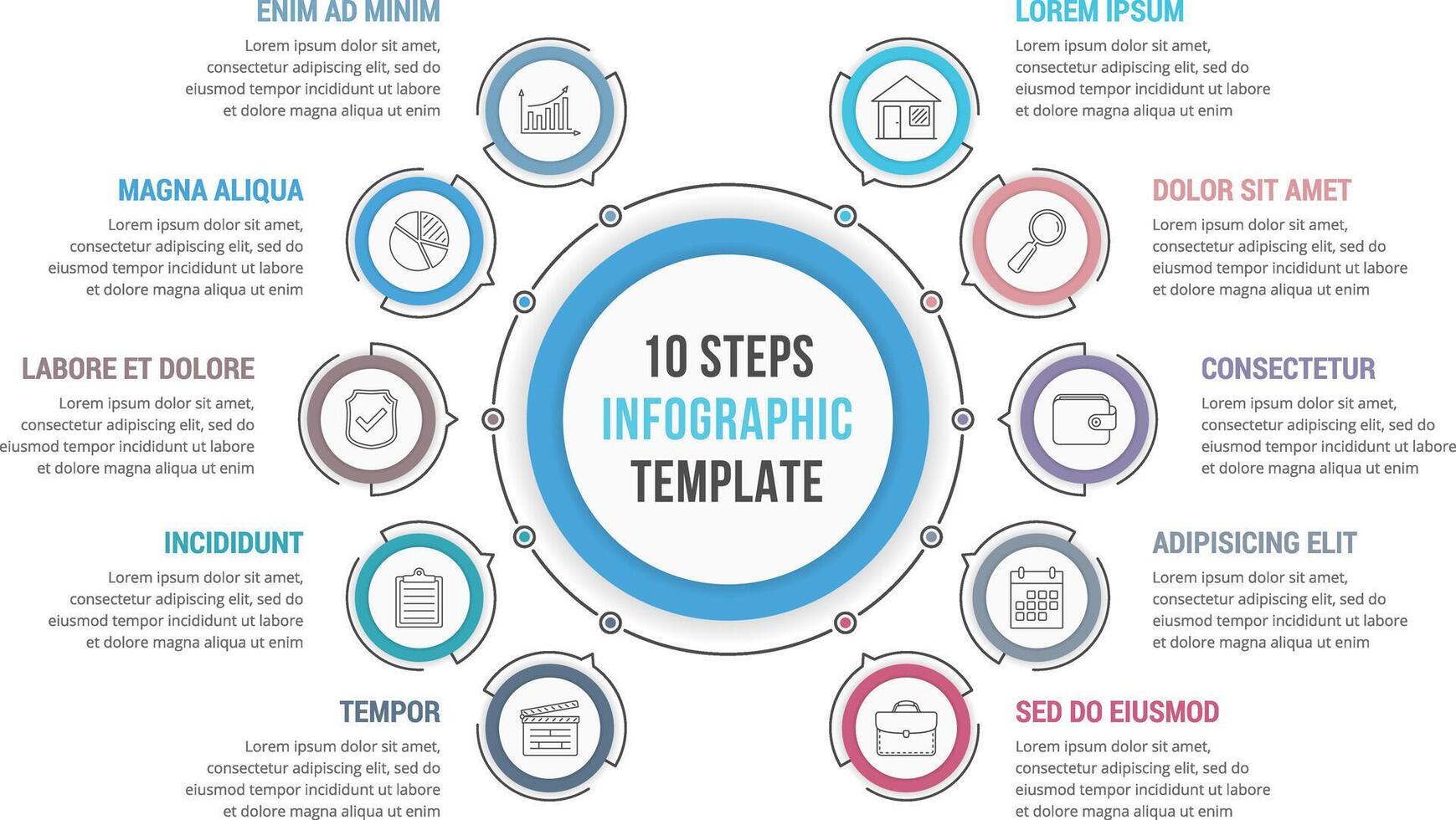 Circle infographic template with 10 steps or options, workflow or process diagram vector