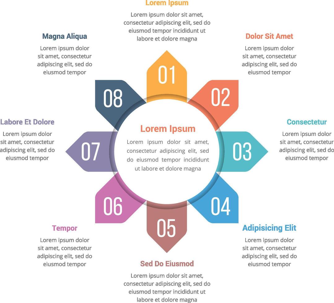 Circle infographics template with eight elements, can be used as steps, options, process diagram vector