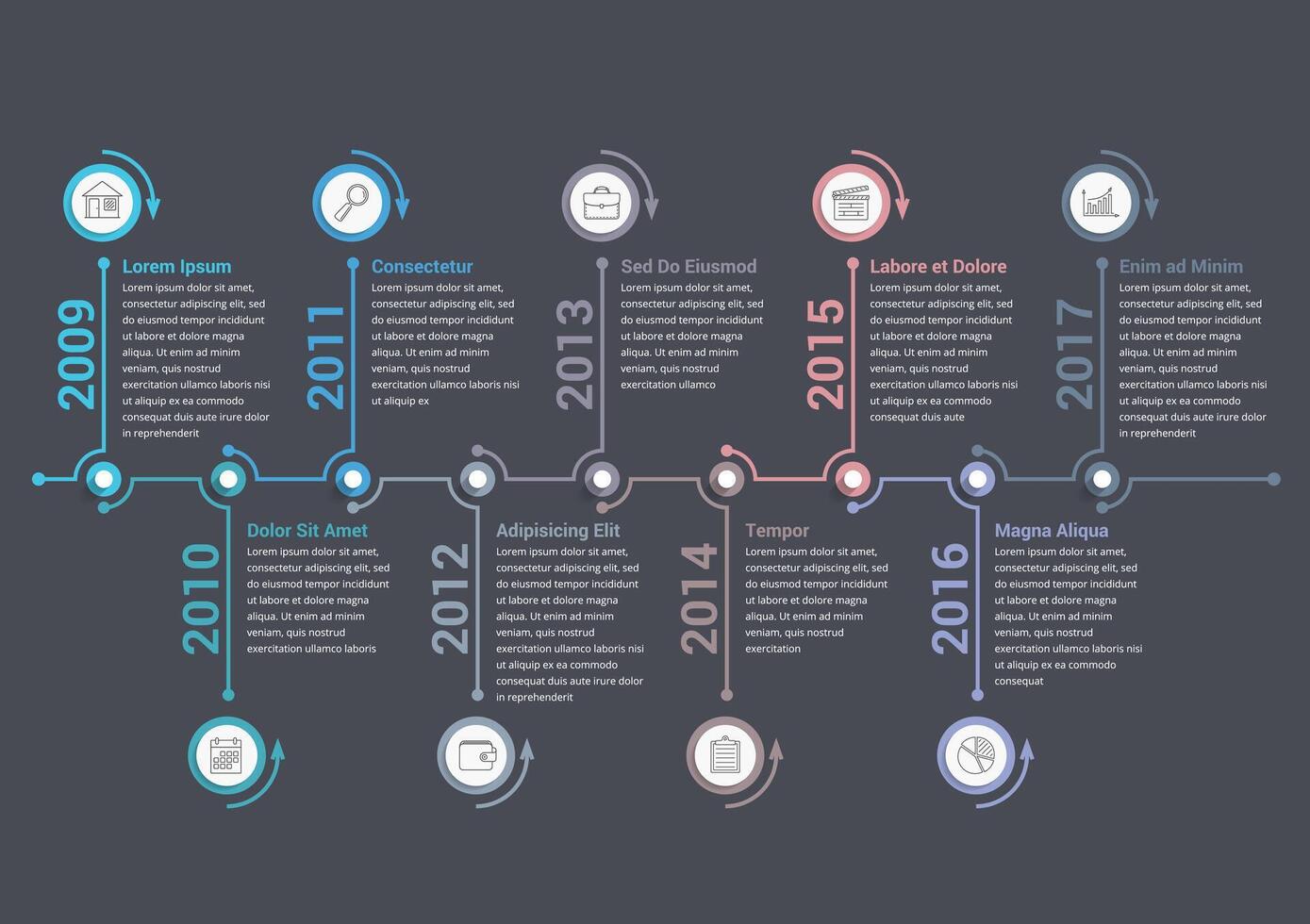 Horizontal timeline infographics template, workflow or process diagram vector
