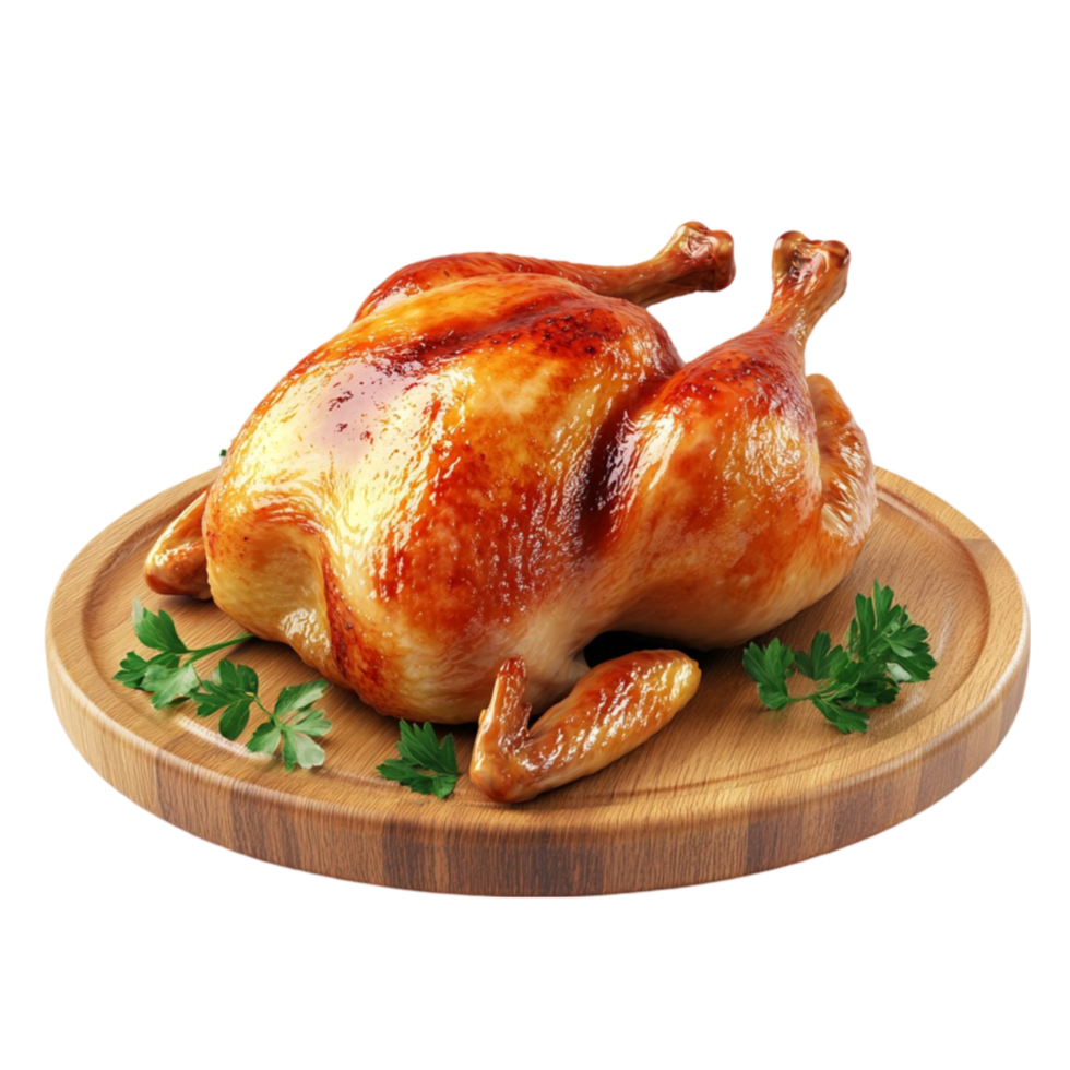 A roasted chicken on a wooden cutting board png