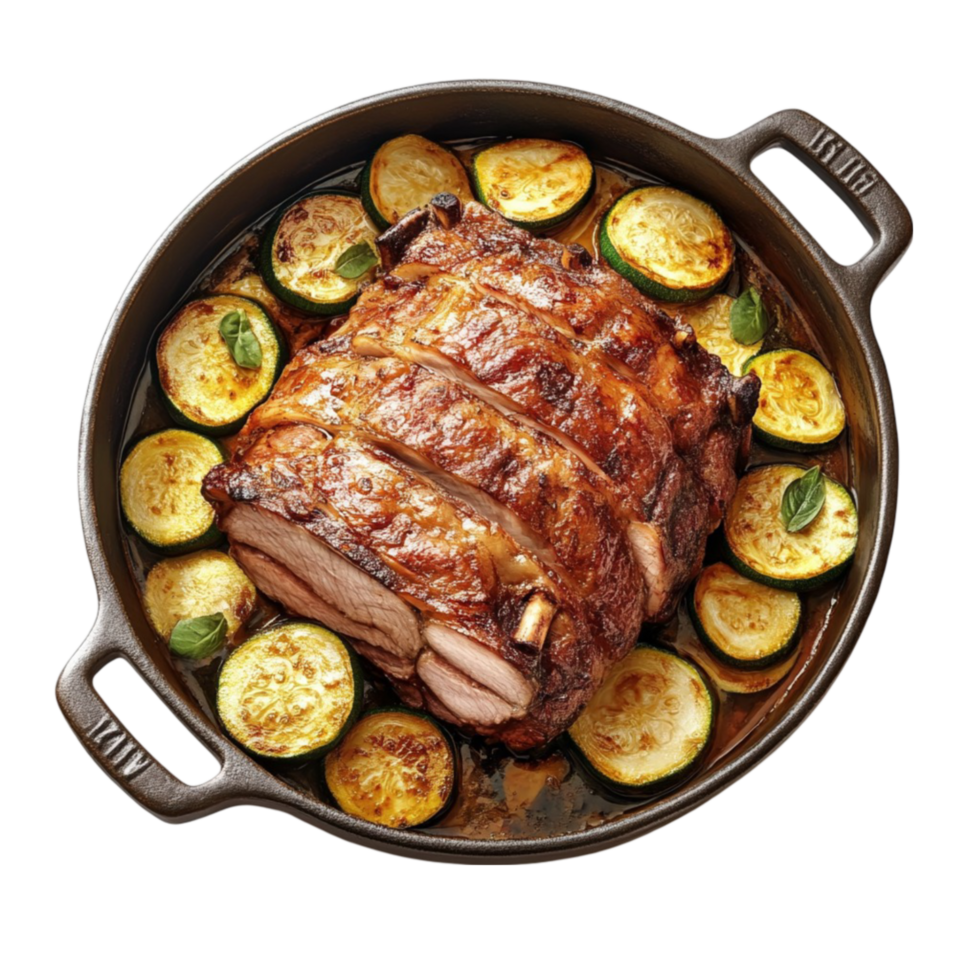 A pork roast in a pan with zucchini and other vegetables png