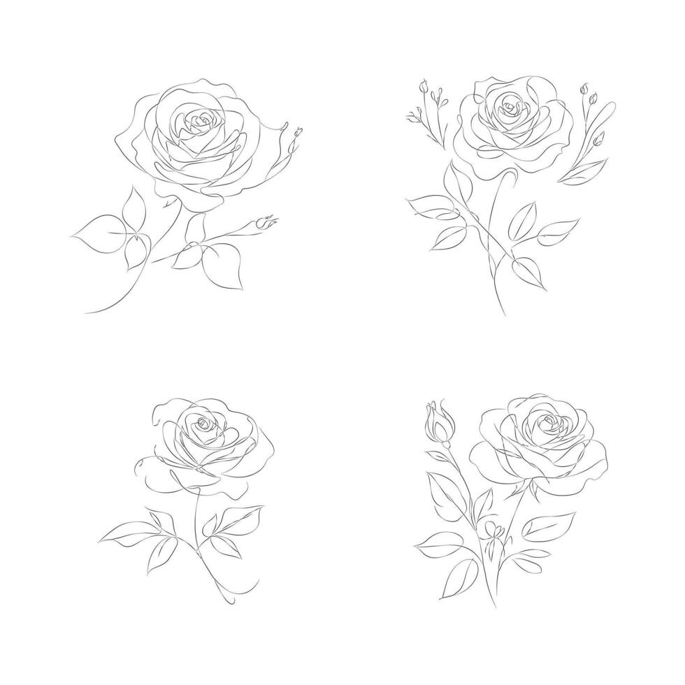 Elegant One-Line Rose Drawings Set, Rose Line Art Illustration Set on White Background vector