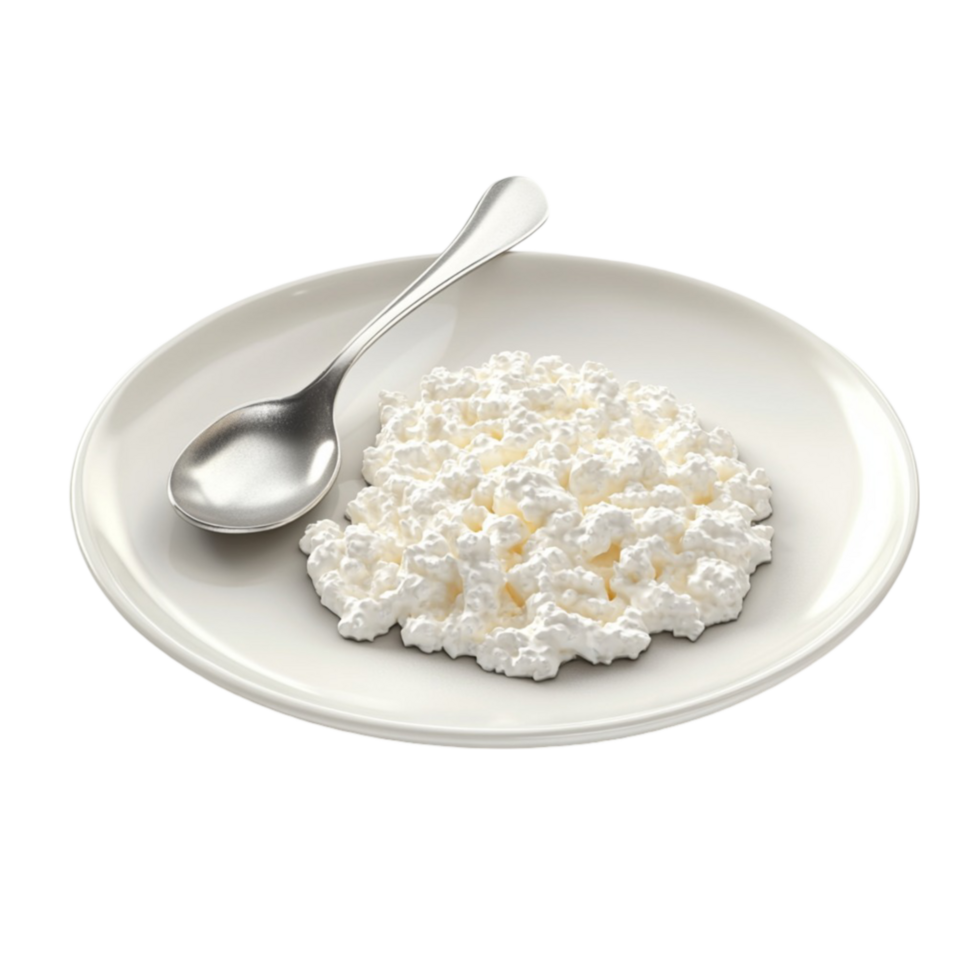 A plate with cottage cheese and a spoon png