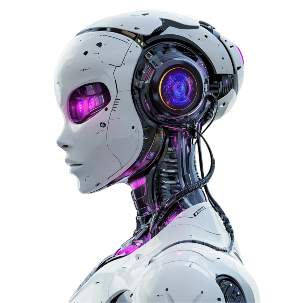 A robot with purple eyes and a pink head png