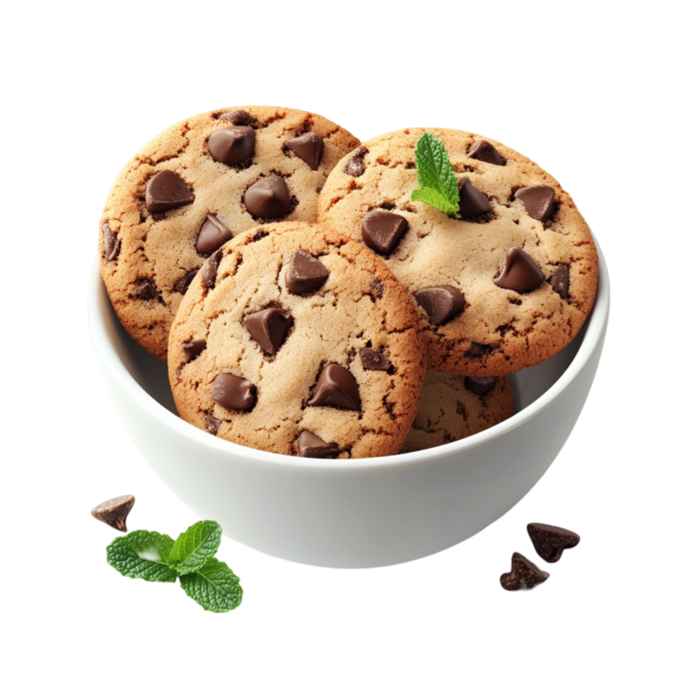 Chocolate chip cookies in a bowl with mint leaves png
